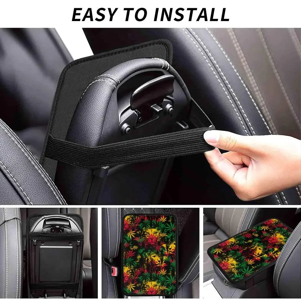 Car Arm Rest Cover Mat Lion Head Cannabis Leaves Rastaman Style Center Console Cover Pad Weed Leaf Auto Styling Accessories