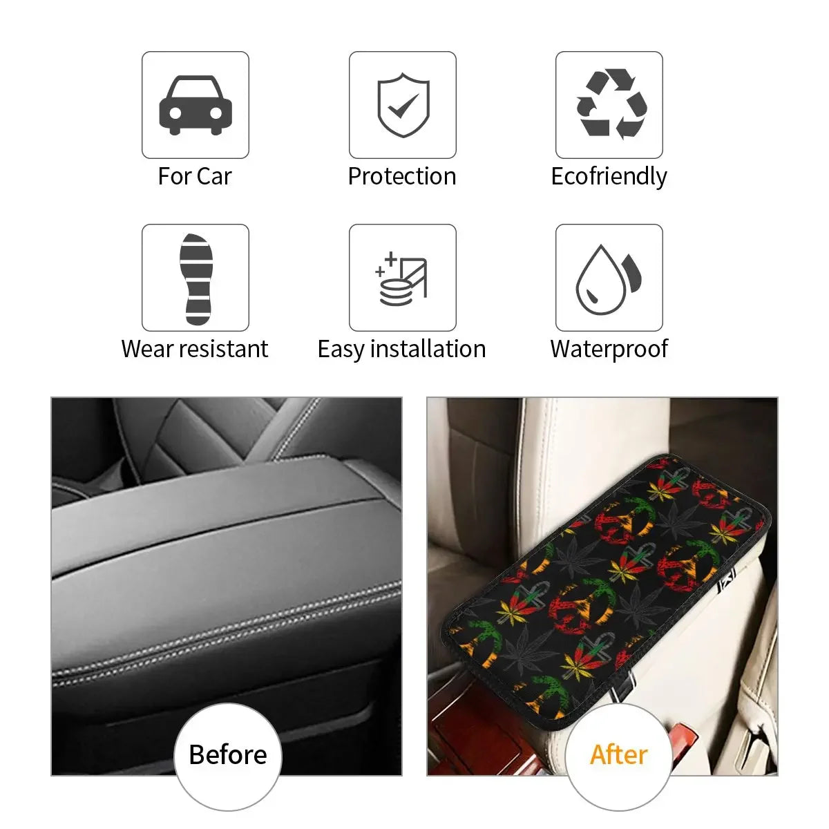 Center Console Cover Pad Car Interior Cushion Marijuana Cannabis Rastafarian Car Armrest Cover Mat Weed Leaf Storage Box Pad