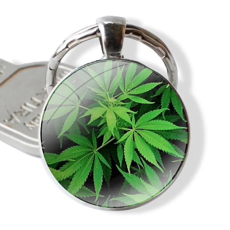 Keychain Handmade Glass Cabochon Key Ring Holder Pendant Key Chains Cannabis Weed Leaves