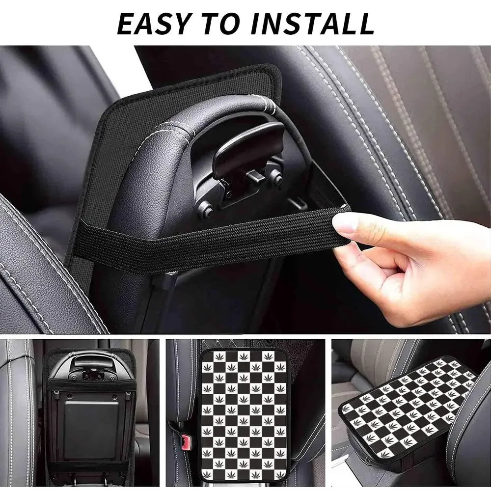 Leather Center Console Cover Pad Universal Cannabis Leaf Checked Car Armrest Cover Mat Marijuana Weed Automobiles Armrest Pad