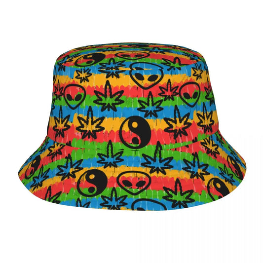 Beach Headwear Rasta Cannabis Leafs Alien Yin Yang Tie Dye Hippie Merch Bucket Hat Trendy Sun Hats Rastafarian Weed Panama Hat