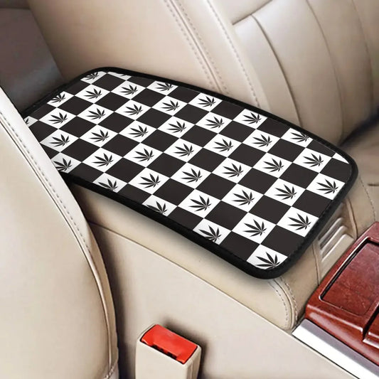 Leather Center Console Cover Pad Universal Cannabis Leaf Checked Car Armrest Cover Mat Marijuana Weed Automobiles Armrest Pad