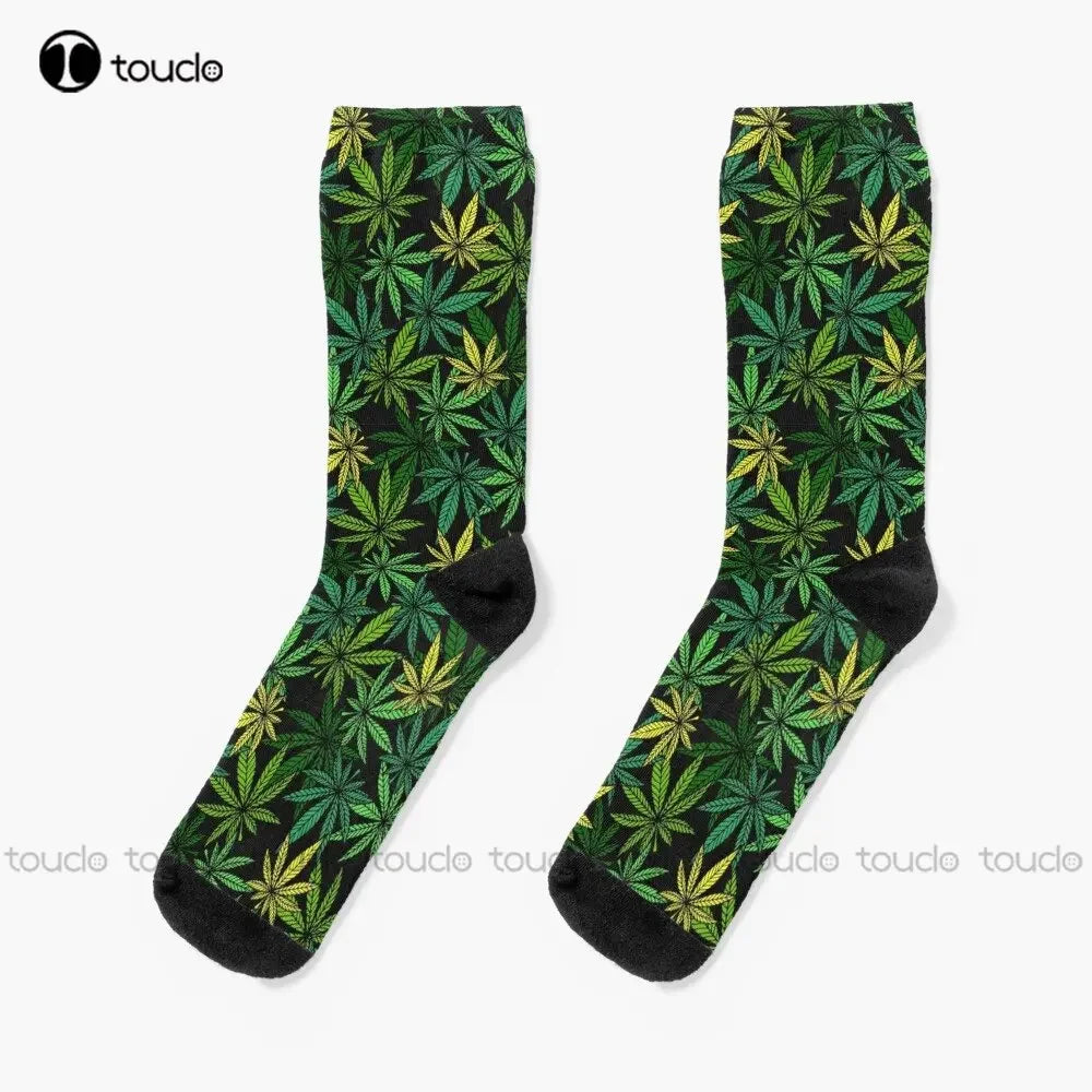 Cannabis Marijuana Leaves On Black Background Socks Workout Socks Women Personalized Custom Unisex Adult Teen Youth Socks