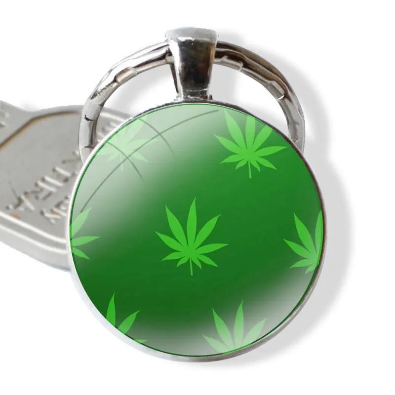 Keychain Handmade Glass Cabochon Key Ring Holder Pendant Key Chains Cannabis Weed Leaves