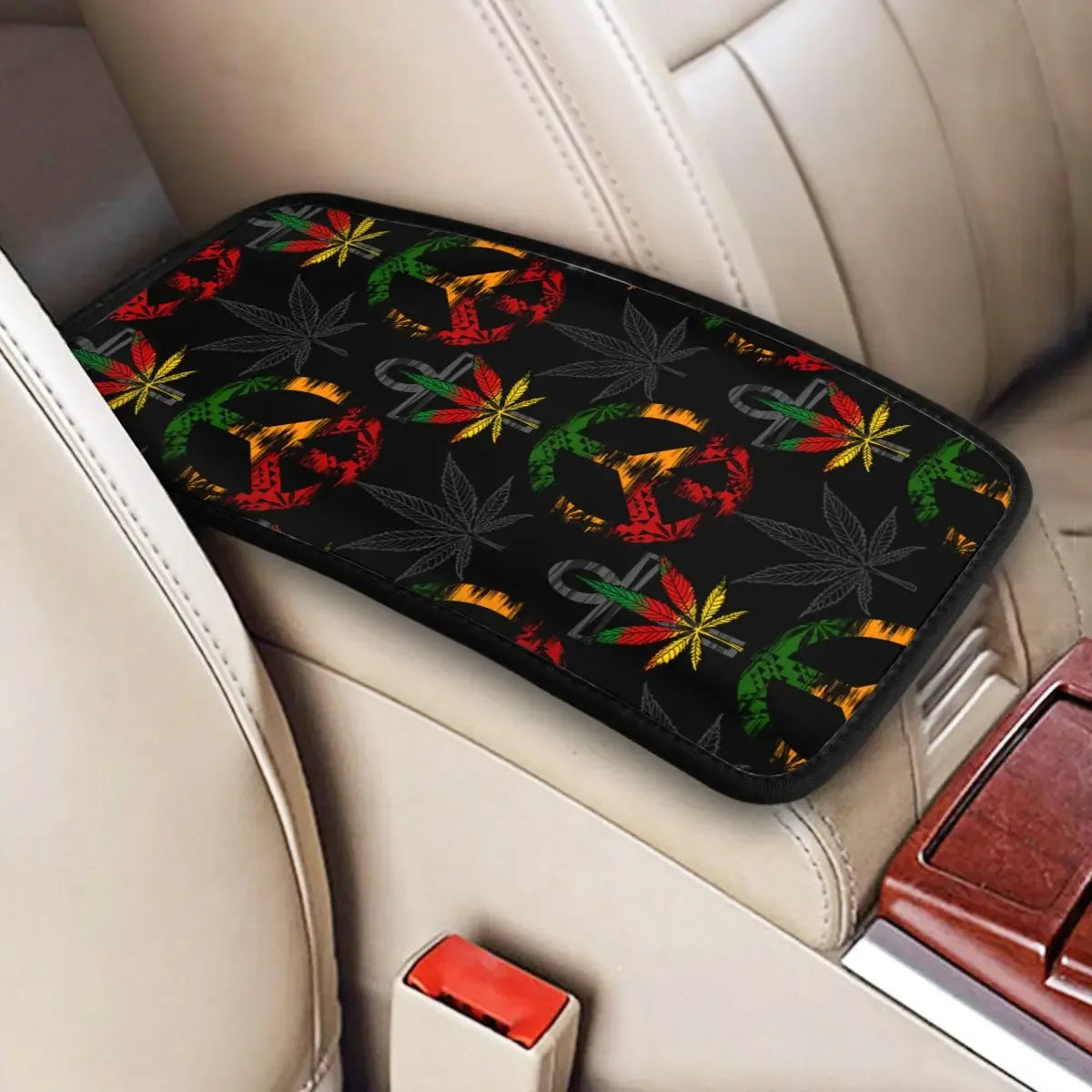 Center Console Cover Pad Car Interior Cushion Marijuana Cannabis Rastafarian Car Armrest Cover Mat Weed Leaf Storage Box Pad