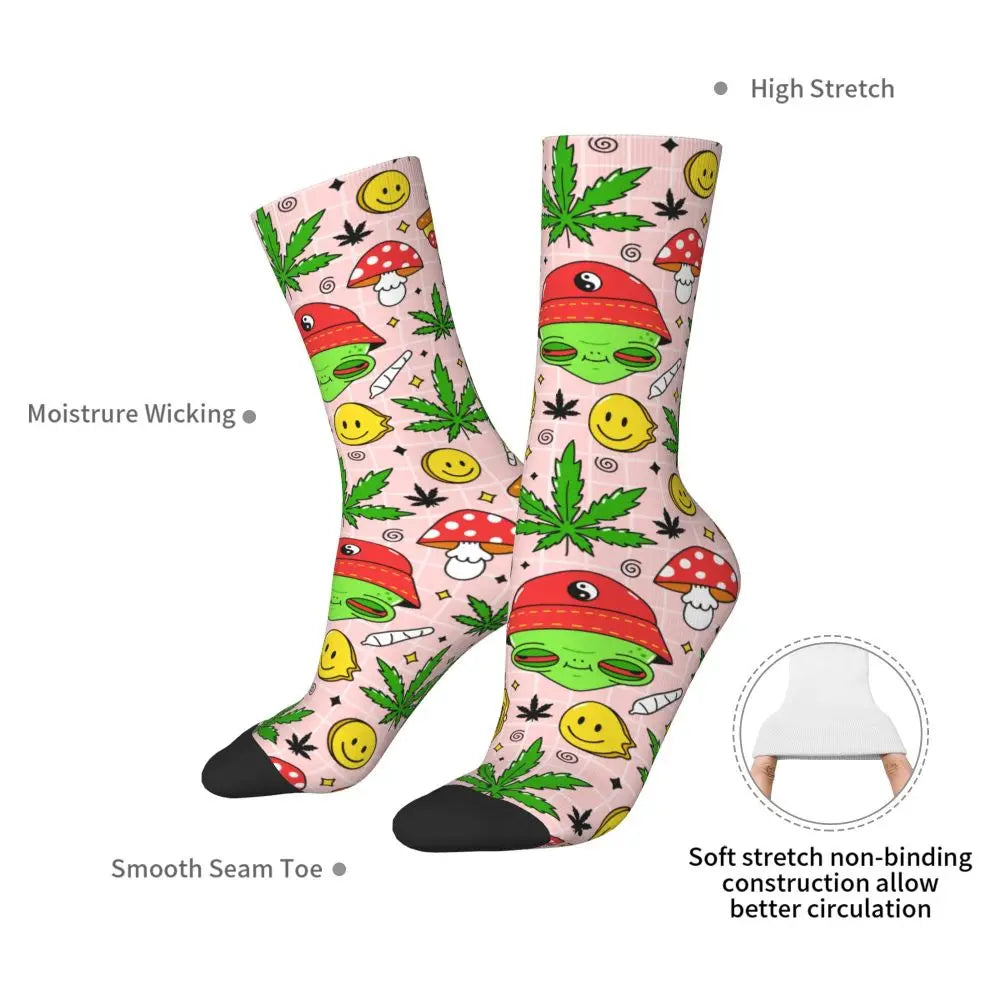 Hippie Alien Weed Marijuana Socks Cute Funny Happy Cannabis Leaves Aesthetic Socks Novelty Accessories Crew Socks