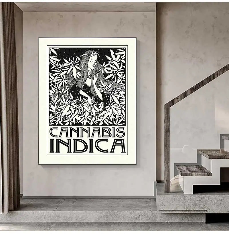 Black White Cannabis Posters and Prints Indica and Sativa Art Nouveau Canvas Painting Wall Pictures for Living Room Home Decor