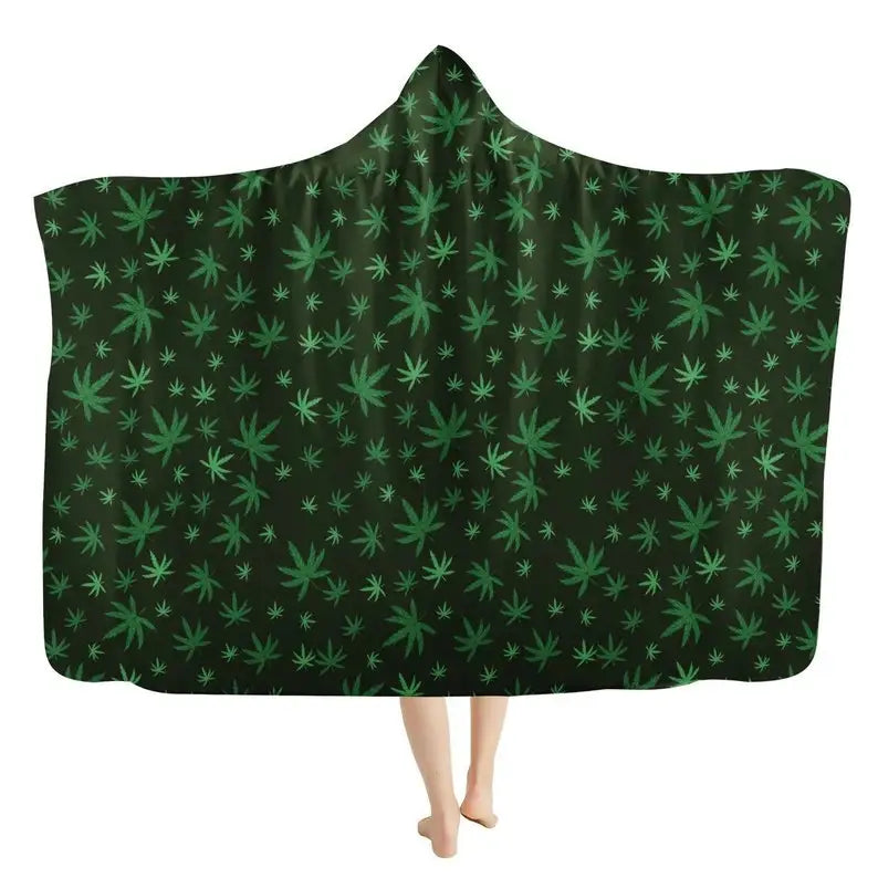 Kush Weed Hooded Blanket - Cannabis Leaf Blanket, Stoner Gift, Sherpa 420 Festival Blanket, Warm Cozy Hemp Blanket, Marijuana Ma