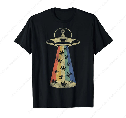 Funny Alien UFO Abduction Weed Cannabis Marijuana Leaf T-Shirt Leisure Youth Tee Shirt Cotton Funny Short Sleeve