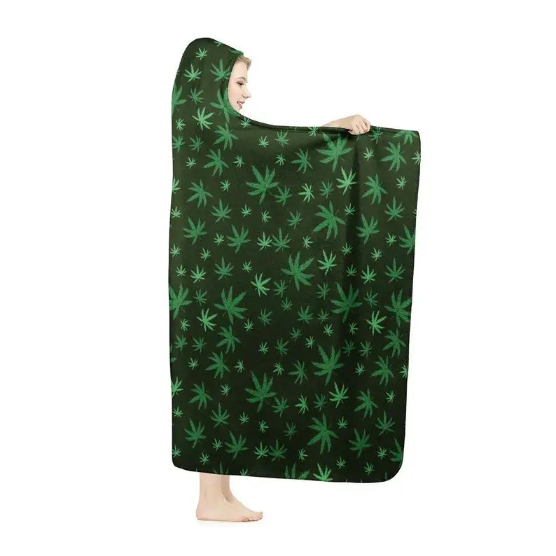 Kush Weed Hooded Blanket - Cannabis Leaf Blanket, Stoner Gift, Sherpa 420 Festival Blanket, Warm Cozy Hemp Blanket, Marijuana Ma