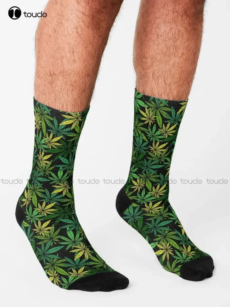 Cannabis Marijuana Leaves On Black Background Socks Workout Socks Women Personalized Custom Unisex Adult Teen Youth Socks