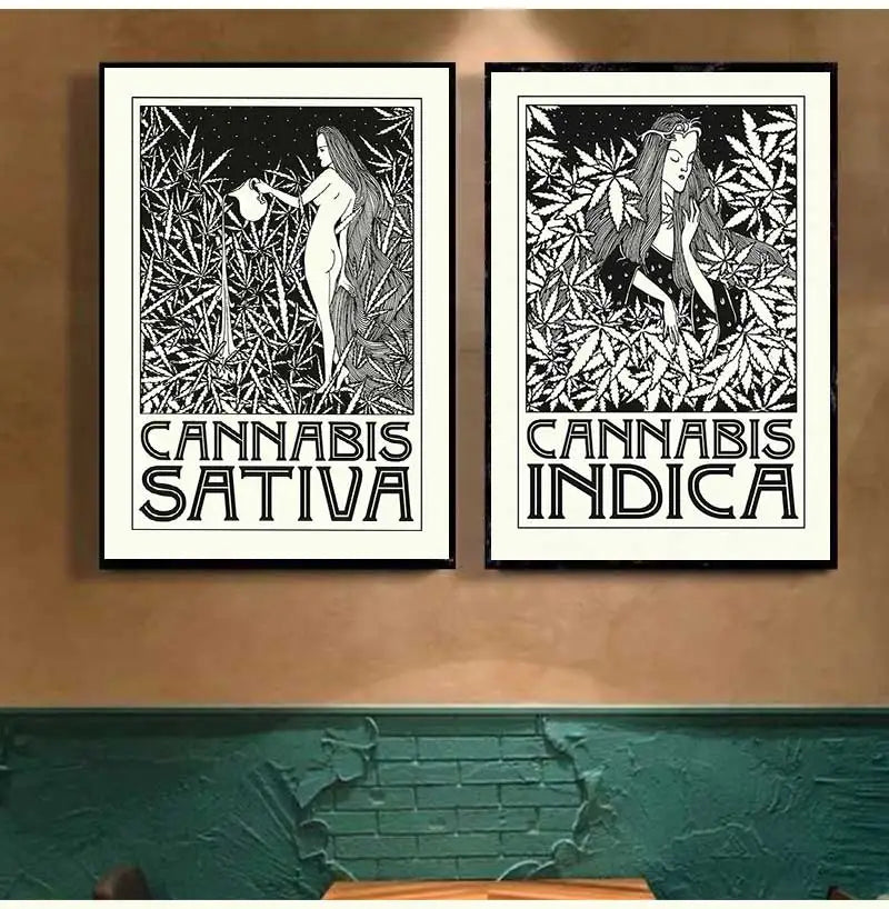 Black White Cannabis Posters and Prints Indica and Sativa Art Nouveau Canvas Painting Wall Pictures for Living Room Home Decor