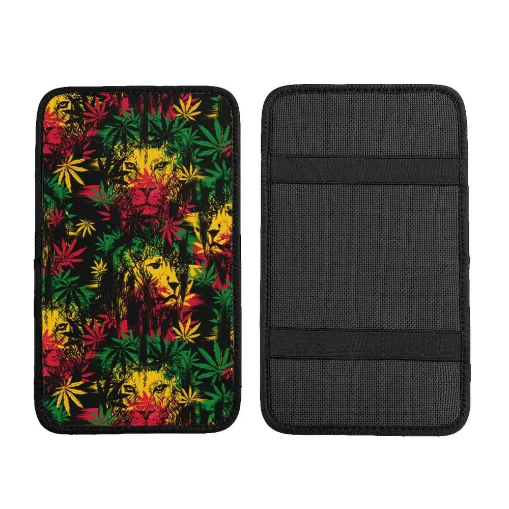 Car Arm Rest Cover Mat Lion Head Cannabis Leaves Rastaman Style Center Console Cover Pad Weed Leaf Auto Styling Accessories