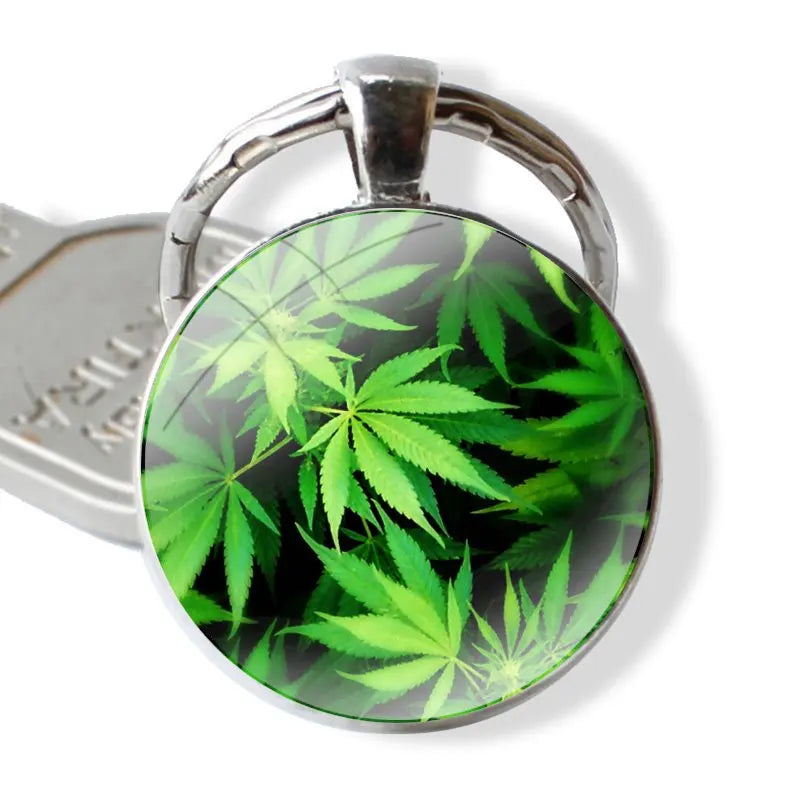 Keychain Handmade Glass Cabochon Key Ring Holder Pendant Key Chains Cannabis Weed Leaves