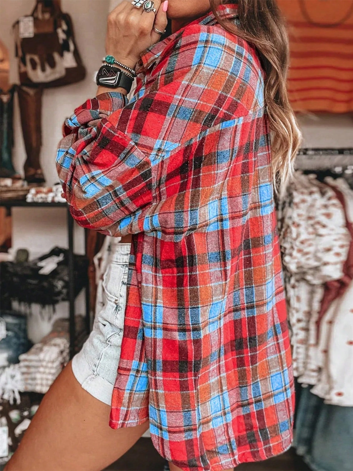 Plaid Collared Neck Long Sleeve Shirt