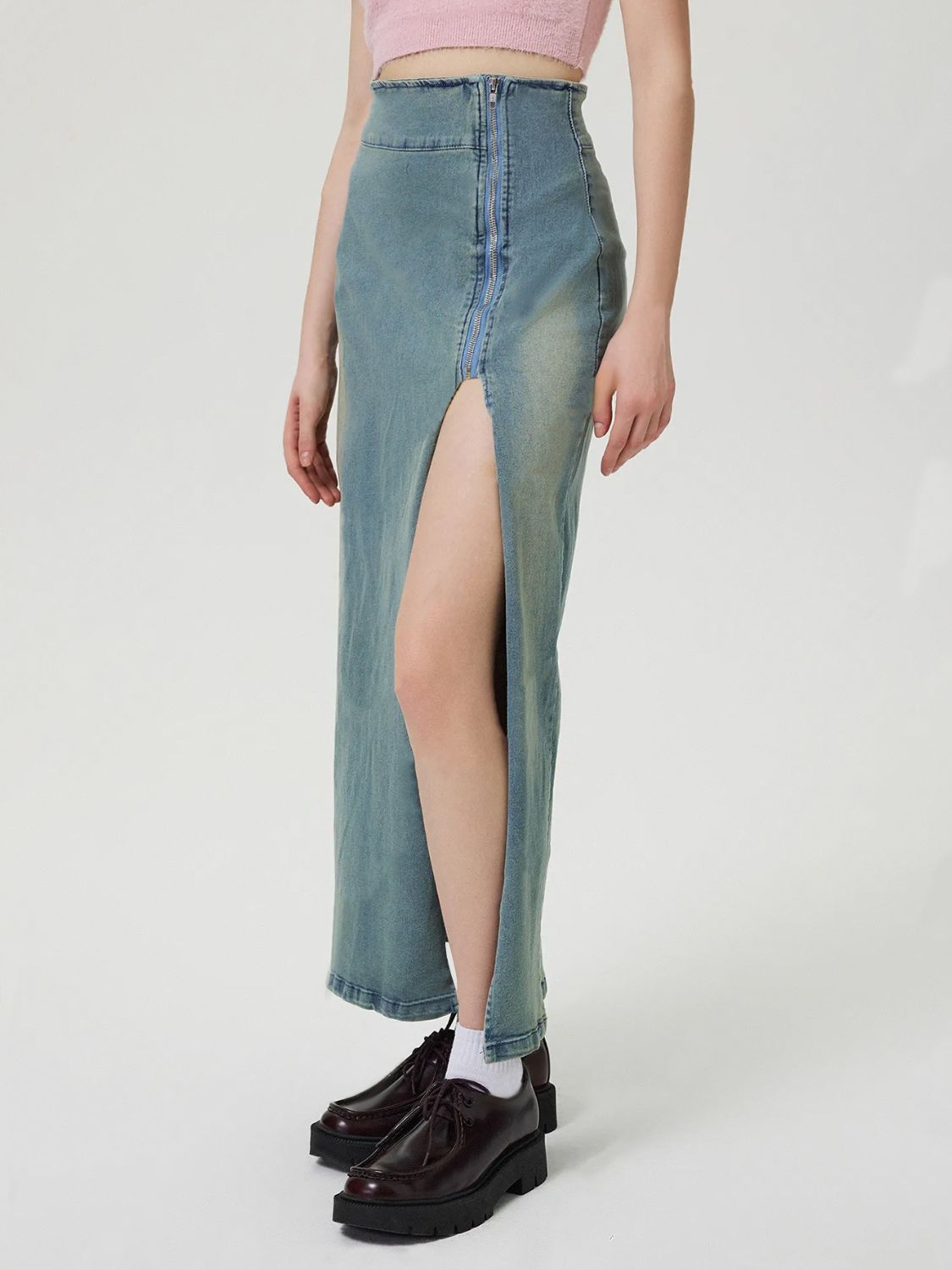 Slit Denim Skirt with Zip