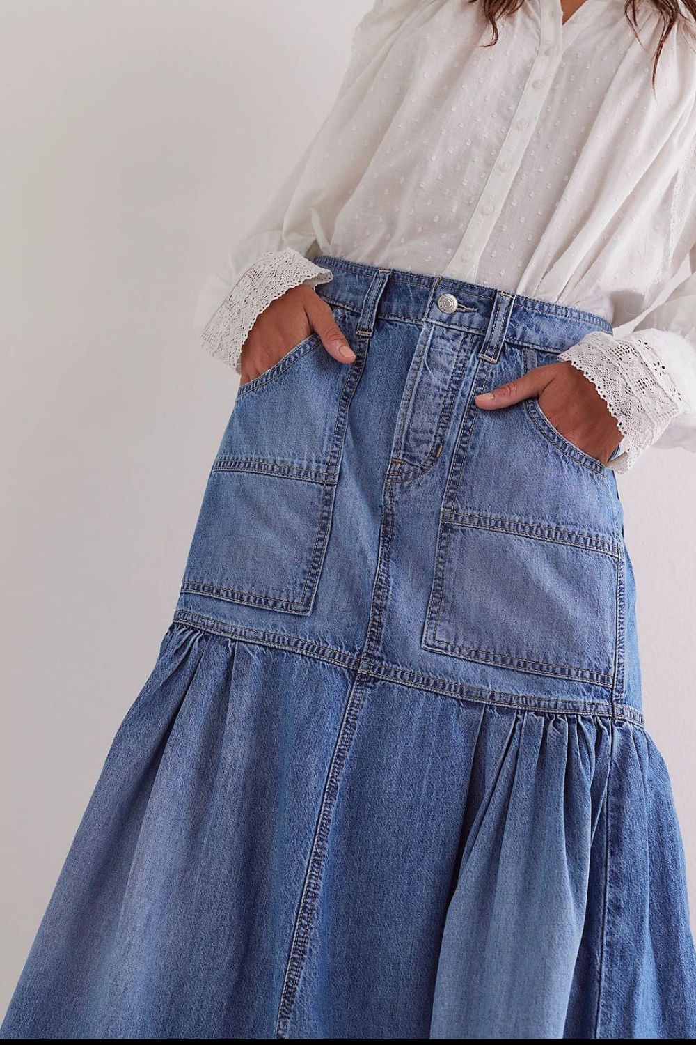 Midi Denim Skirt with Pockets