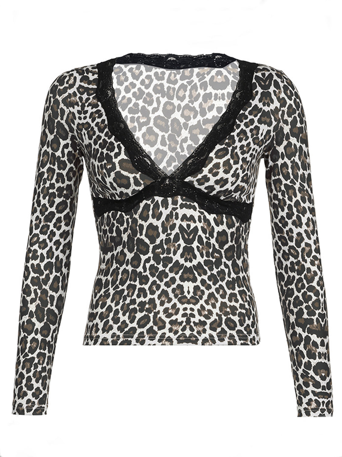 Devine Lace Detail Leopard V-Neck Long Sleeve T-Shirt