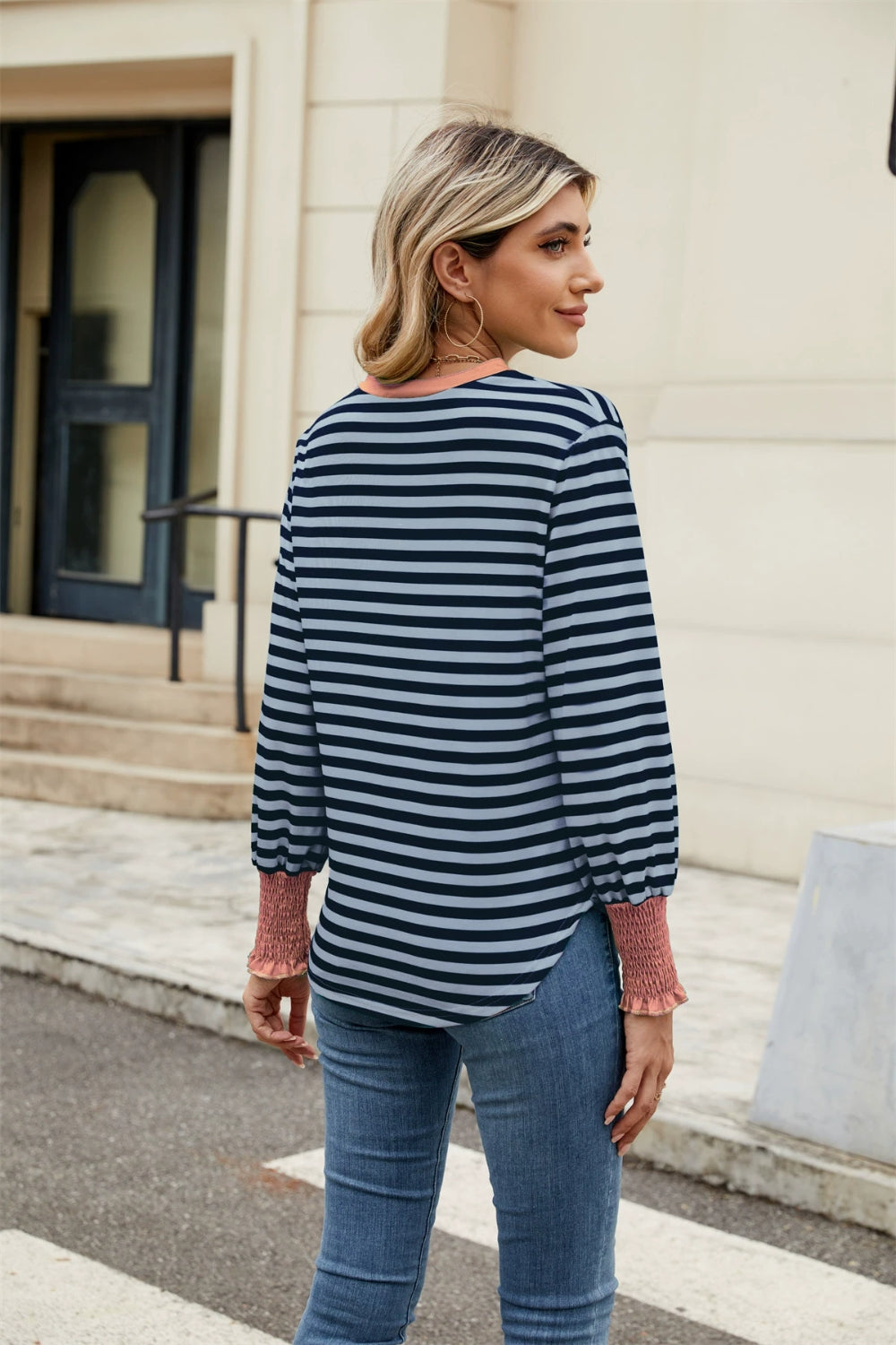 Contrast Striped Notched Long Sleeve Top