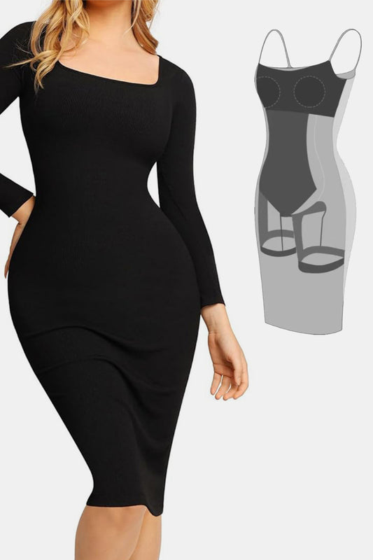 Basic Bae Full Size Built-In Shapewear Square Neck Long Sleeve Dress