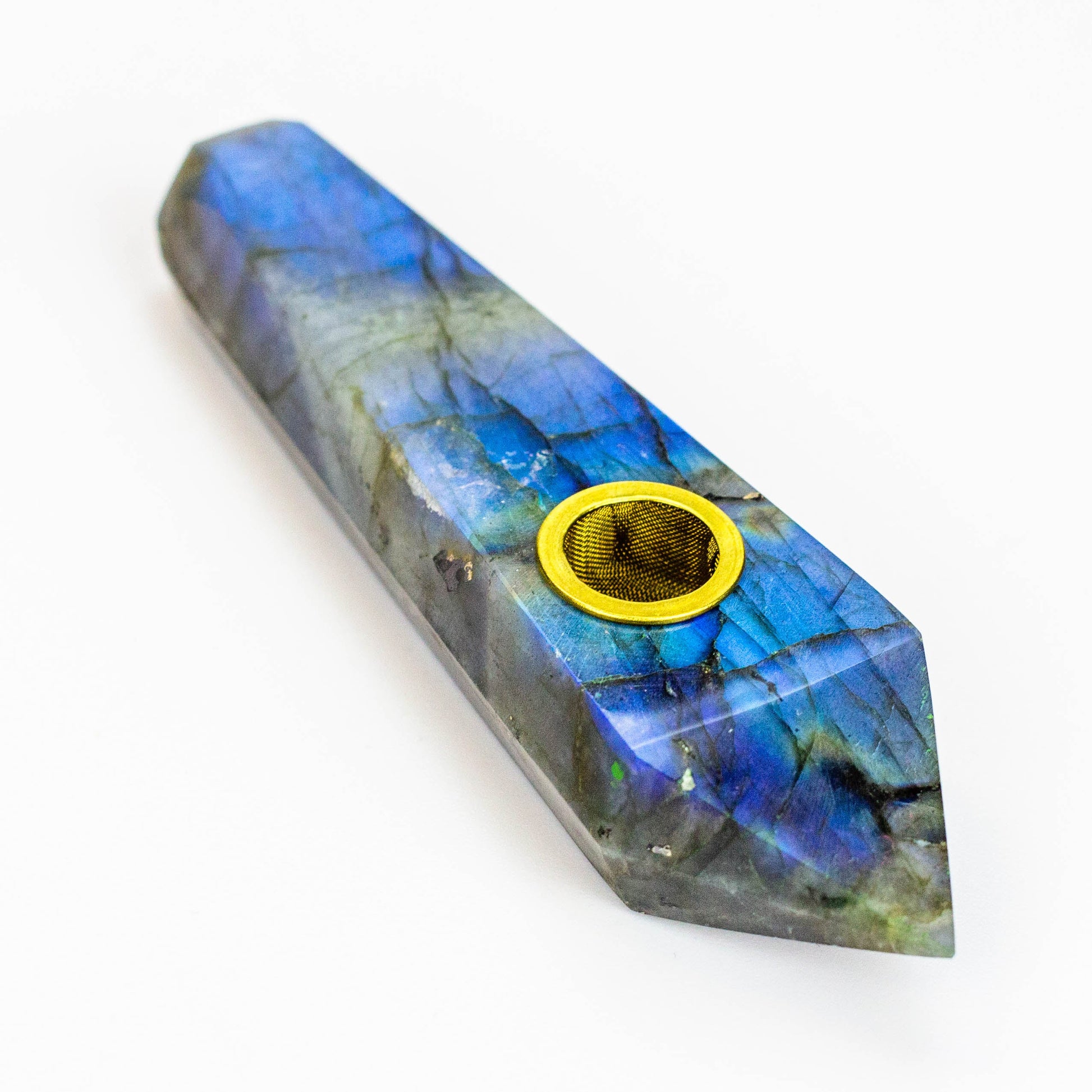 Acid Secs - Natural Labradorite FLASH Smoking Pipe with choke hole_4